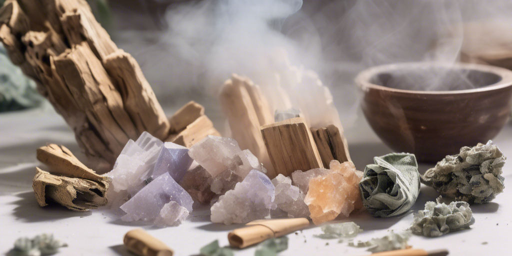 Crystals, incense, and a bowl with smoke rising, The Celestial Garden.