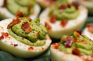 deviled eggs made with collard greens pesto inspired by southern United States