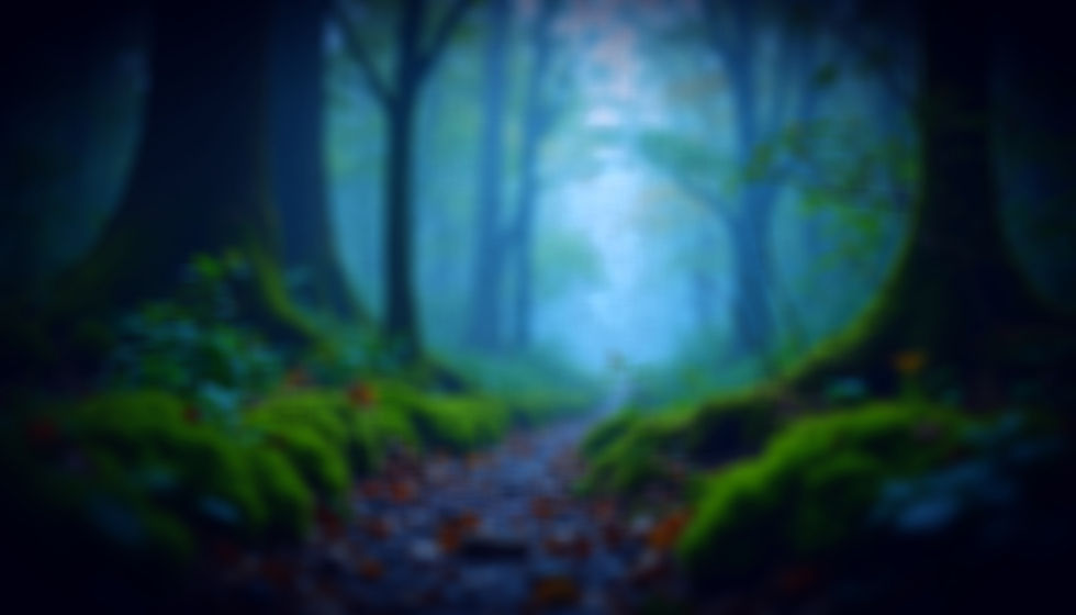 Eye-level view of a whimsical fantasy landscape filled with mysterious forest foliage