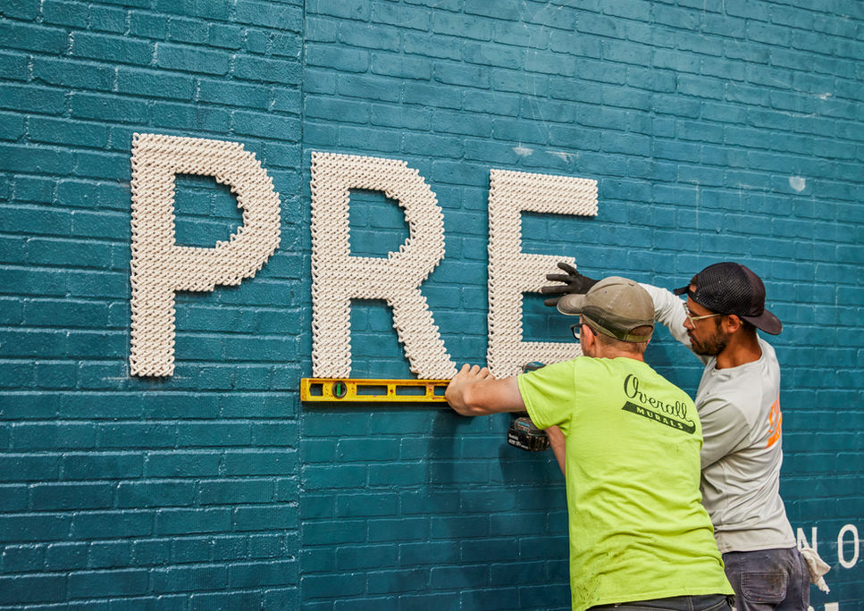 Hand Painted embroidered  mural for Audible Pride and Prejudice in Venice, Los Angeles