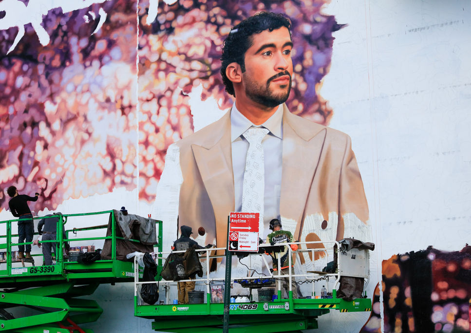 Hand painted advertisement for Spotify featuring Bad Bunny in Williamsburg, Brooklyn