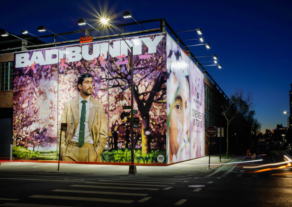 Hand painted advertisement for Spotify featuring Bad Bunny in Williamsburg, Brooklyn
