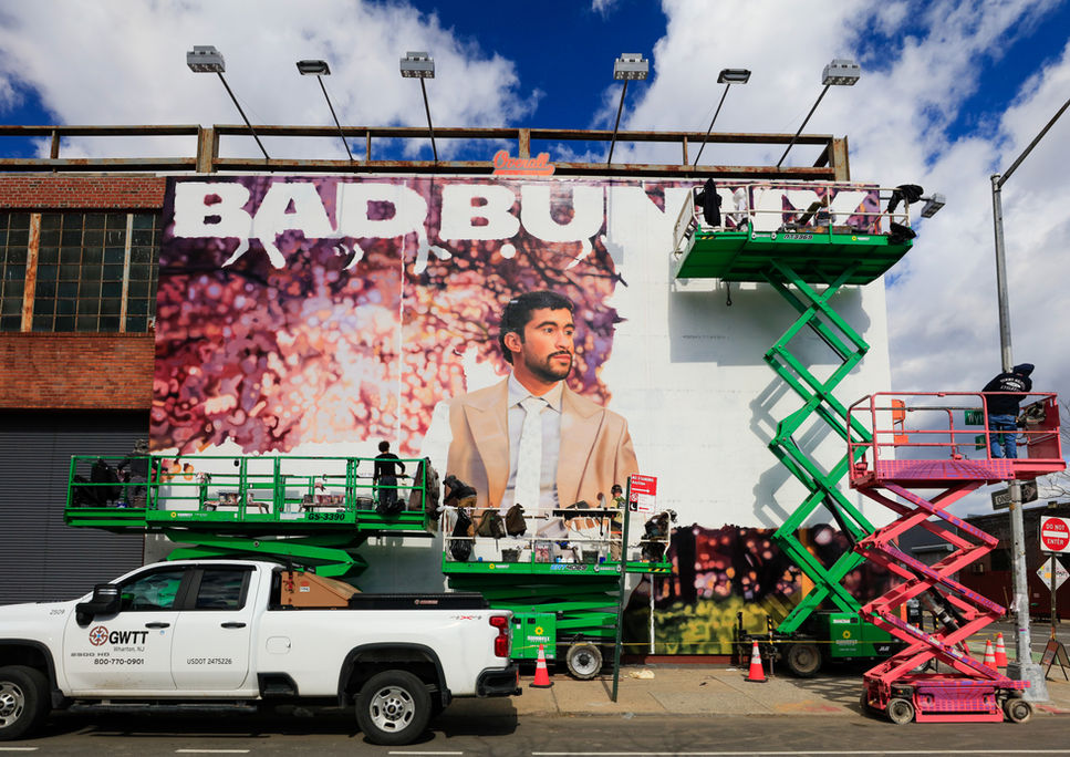 Hand painted advertisement for Spotify featuring Bad Bunny in Williamsburg, Brooklyn