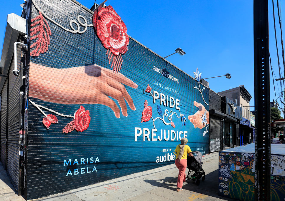 Hand Painted embroidered  mural for Audible Pride and Prejudice in Bushwick, Brooklyn
