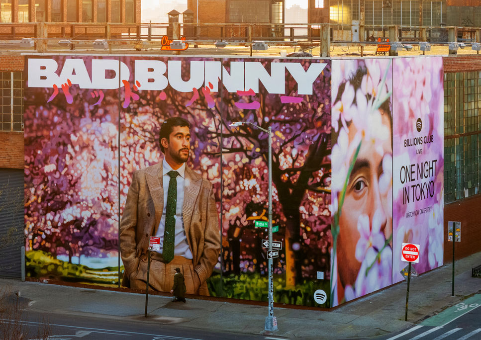 Hand painted advertisement for Spotify featuring Bad Bunny in Williamsburg, Brooklyn
