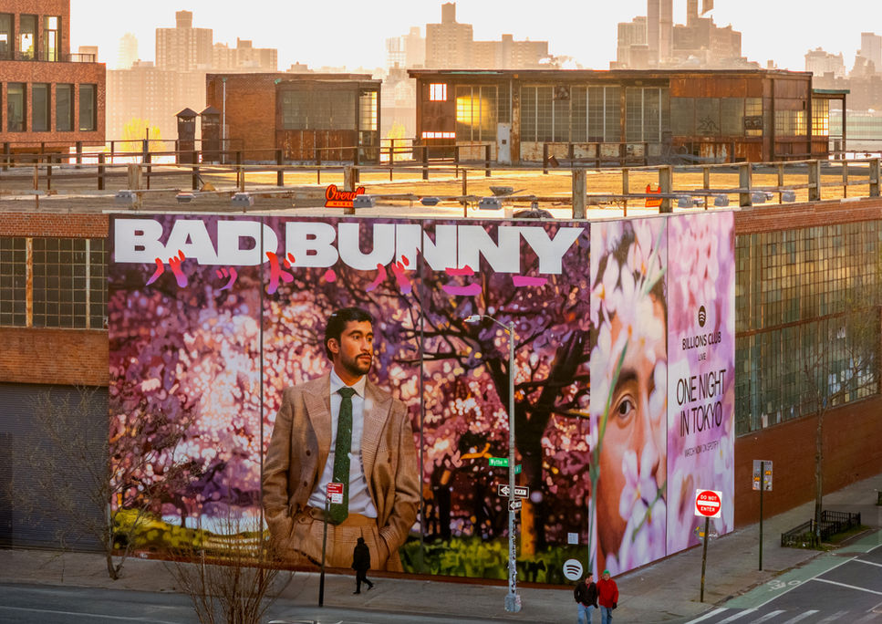 Hand painted advertisement for Spotify featuring Bad Bunny in Williamsburg, Brooklyn