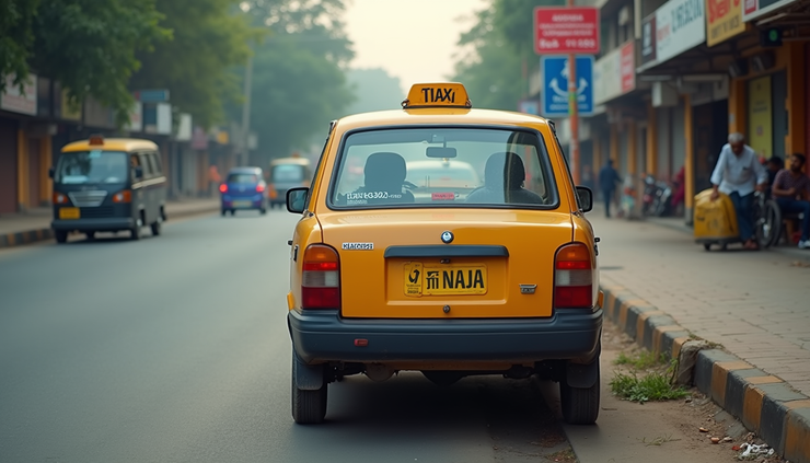 Eye-level view of a comfortable taxi parked near a roadside in Raipur