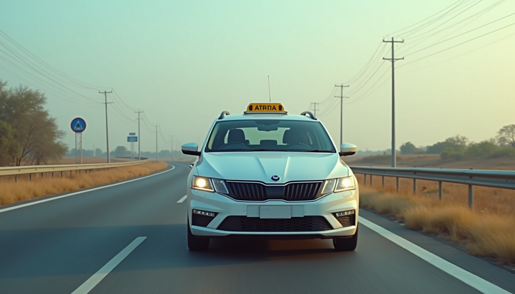 Eye-level view of a comfortable taxi parked on a highway between Ambikapur and Raipur