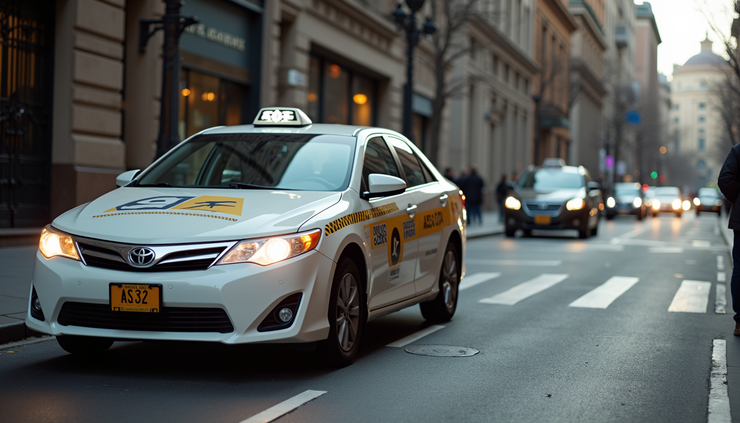 Eye-level view of a comfortable sedan taxi parked on a city street