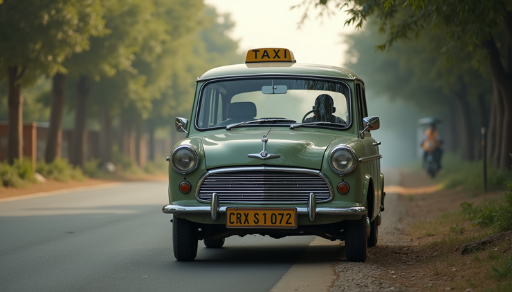 Eye-level view of a comfortable taxi parked on a roadside in Ambikapur ready for a long journey