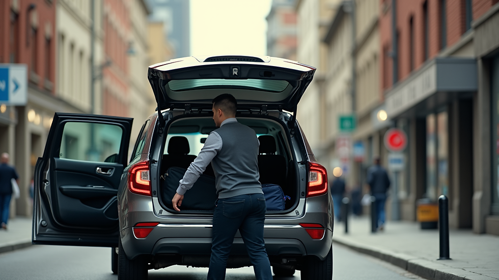 Wide angle view of a taxi driver helping passengers load luggage into an SUV
