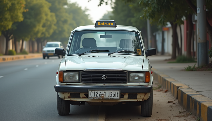Eye-level view of a clean and spacious taxi parked on a roadside in Raipur
