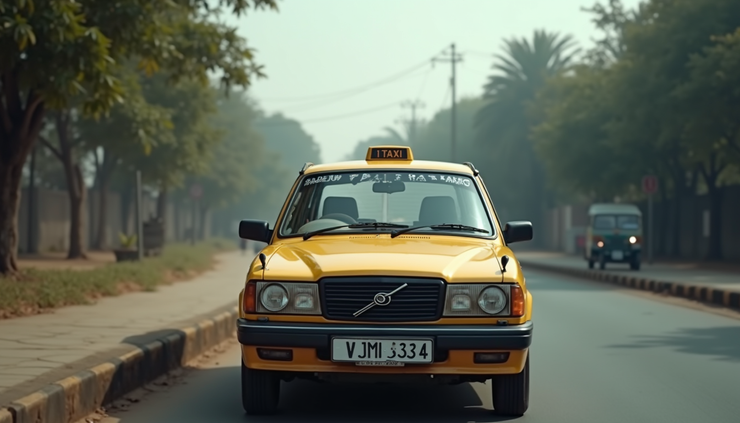 Eye-level view of a taxi car parked near Bilaspur city road