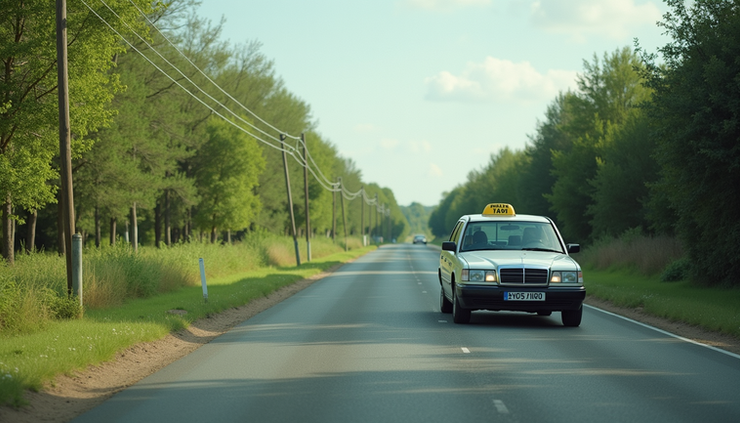 Eye-level view of a taxi parked on a roadside in a rural area between Bilaspur and Kanker