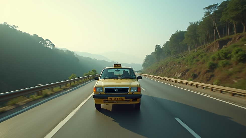 Wide angle view of a taxi on a highway in Chhattisgarh with scenic background