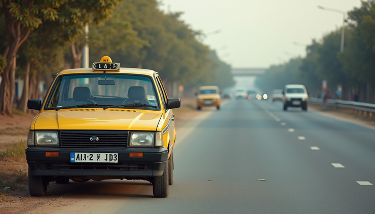 Eye-level view of a comfortable taxi parked on a roadside near Raipur
