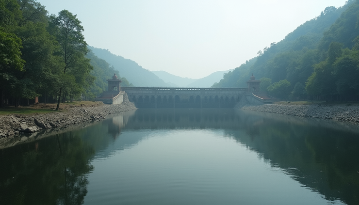 Wide angle view of Khutaghat Dam with calm water and surrounding trees