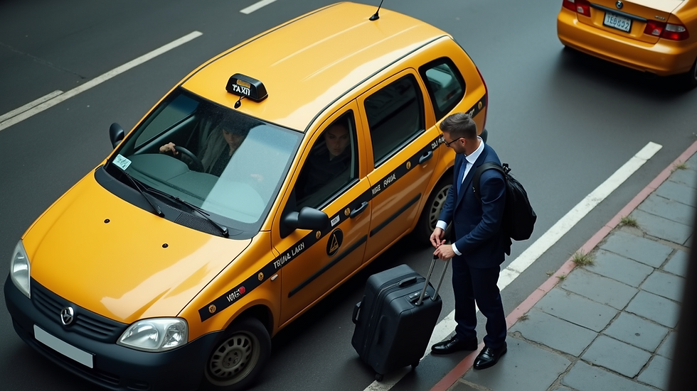 High angle view of a taxi driver helping a passenger with luggage