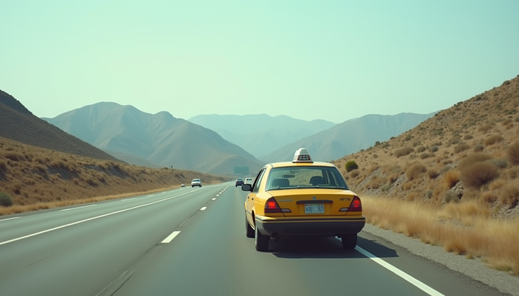 Eye-level view of a taxi parked on a highway with hills in the background
