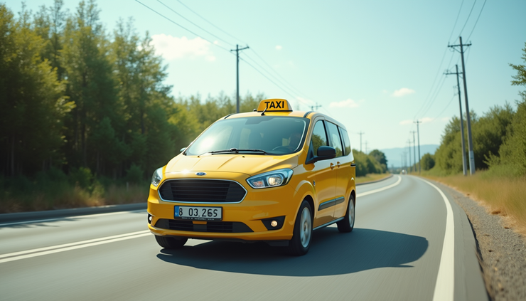 Eye-level view of a comfortable taxi parked by a roadside with a clear sky background