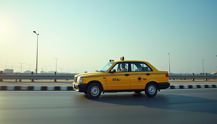 Eye-level view of a comfortable taxi parked on a highway between Bilaspur and Korba