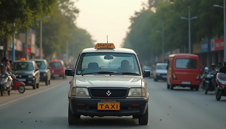 Eye-level view of a Dhairya Taxi car parked near Raipur city road