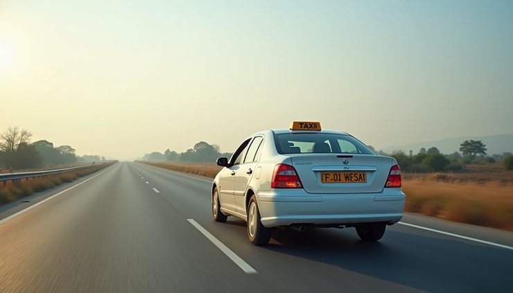 Eye-level view of a comfortable taxi parked on a highway between Bilaspur and Allahabad