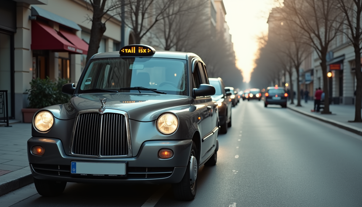 Eye-level view of a comfortable taxi parked on a quiet street ready for passengers