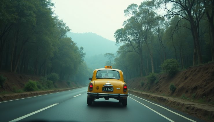Eye-level view of a taxi parked on a rural road between Bilaspur and Dantewada