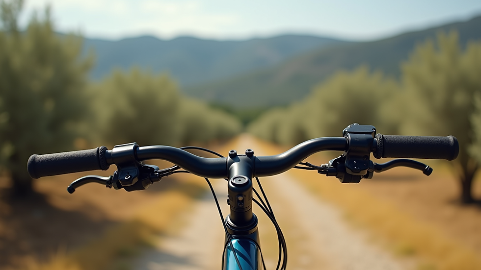 Close-up view of a bicycle handlebar with a scenic background of olive trees