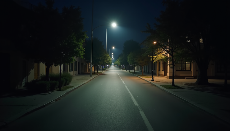 Vista em ângulo alto de uma rua deserta à noite com iluminação suave e sombras longas