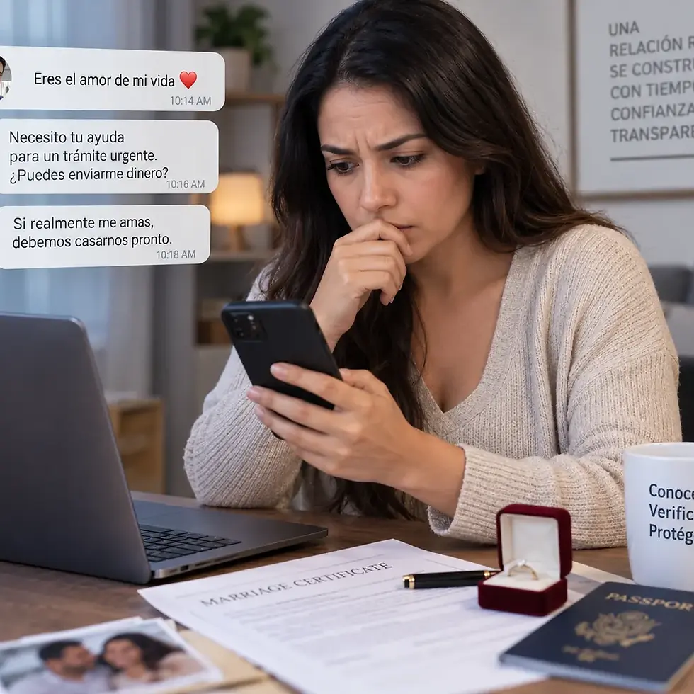 Persona revisando documentos de matrimonio y mensajes en su teléfono en busca de señales de alerta de estafa.