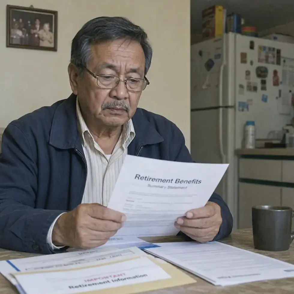 Trabajador inmigrante de edad avanzada revisando documentos de jubilación.