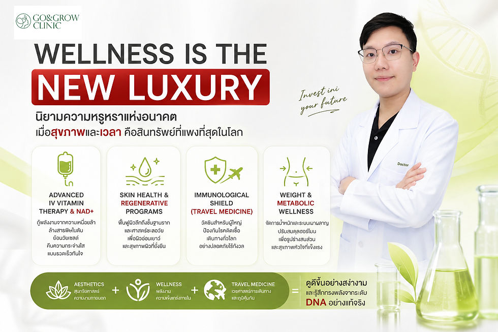 โปสเตอร์ GO & GROW CLINIC มีแพทย์ชุดกาวน์ขาว ข้อความ WELLNESS IS THE NEW LUXURY และบริการสุขภาพหลายแบบ