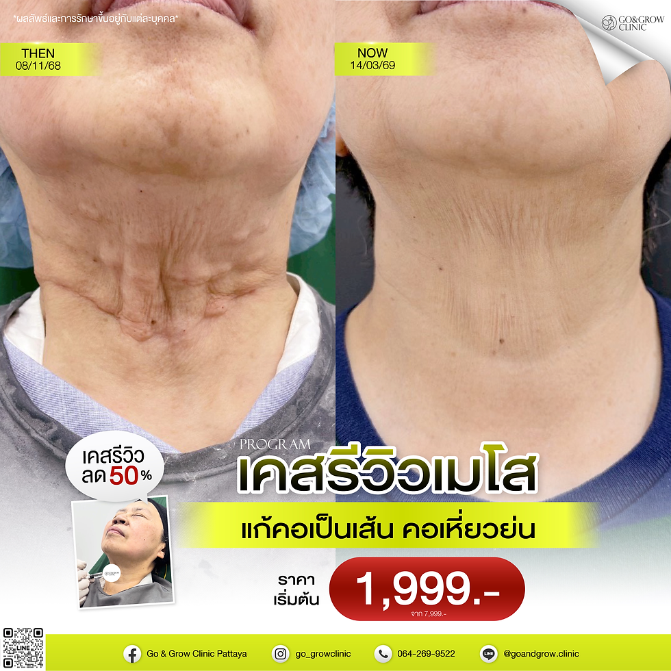 Before-and-after close-up of neck skin treatment, Thai clinic ad text, price 1,999 baht, and Go & Grow Clinic logo.