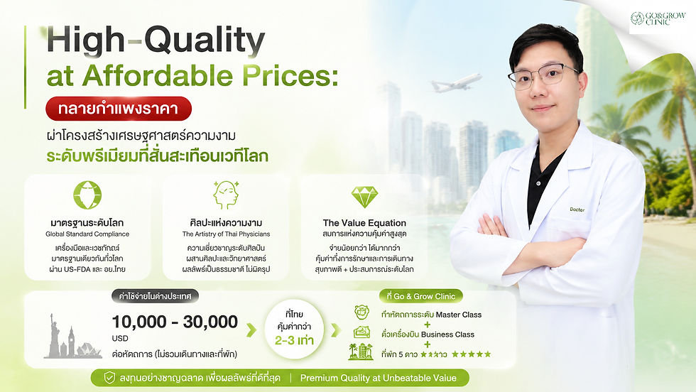 Promotional ad with smiling doctor in white coat beside tropical beach and skyline; text says High-Quality at Affordable Prices.