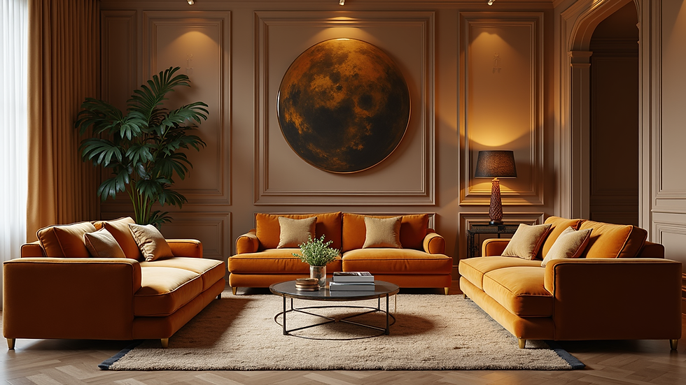 Eye-level view of a luxurious living room with gold accents and plush velvet sofas