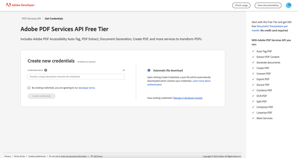 Steps to Register and Obtain Credentials for Accessing the Adobe PDF Service API