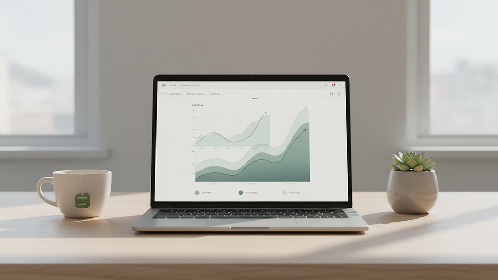 Eye-level view of a laptop displaying financial charts on a desk