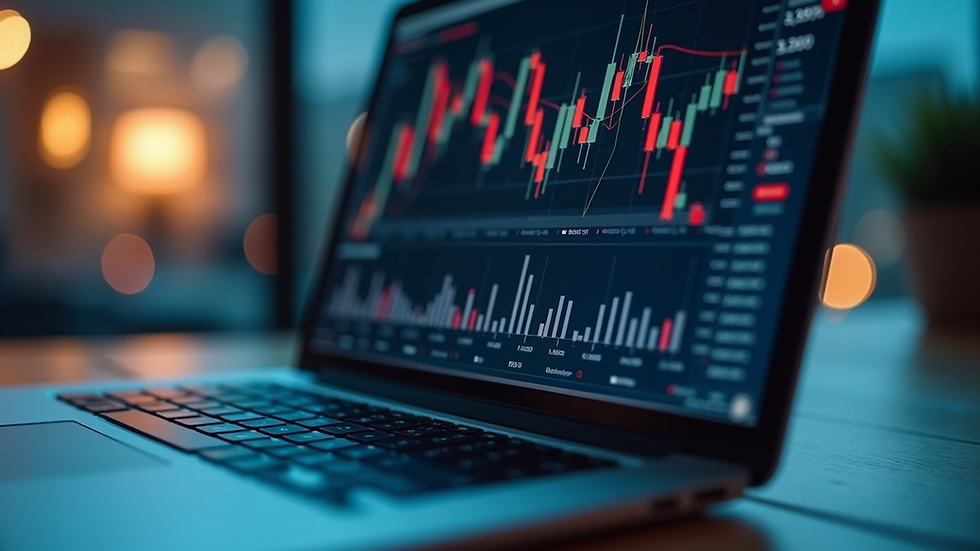Eye-level view of a laptop screen showing financial charts and graphs