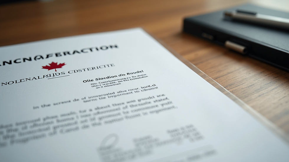 Close-up view of a Canadian incorporation certificate on a wooden desk