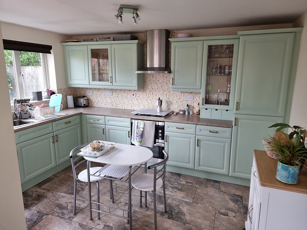 resprayed kitchen with sage green units