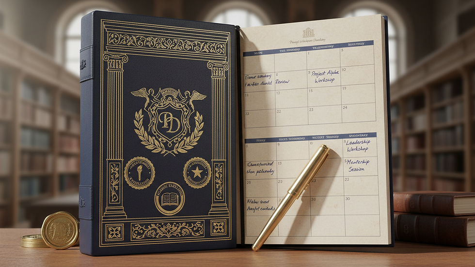 Close-up view of a professional development planner with notes and a pen
