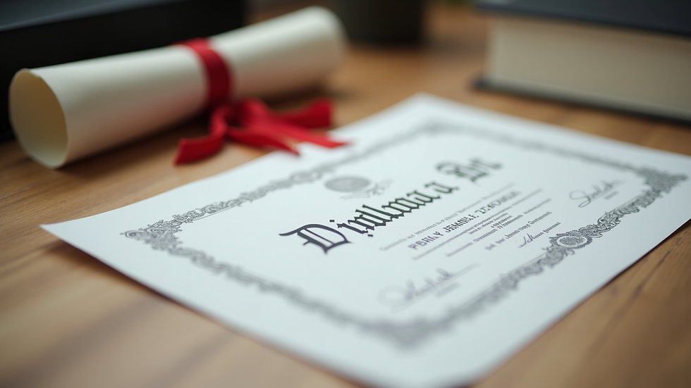 Close-up view of a diploma certificate on a wooden desk