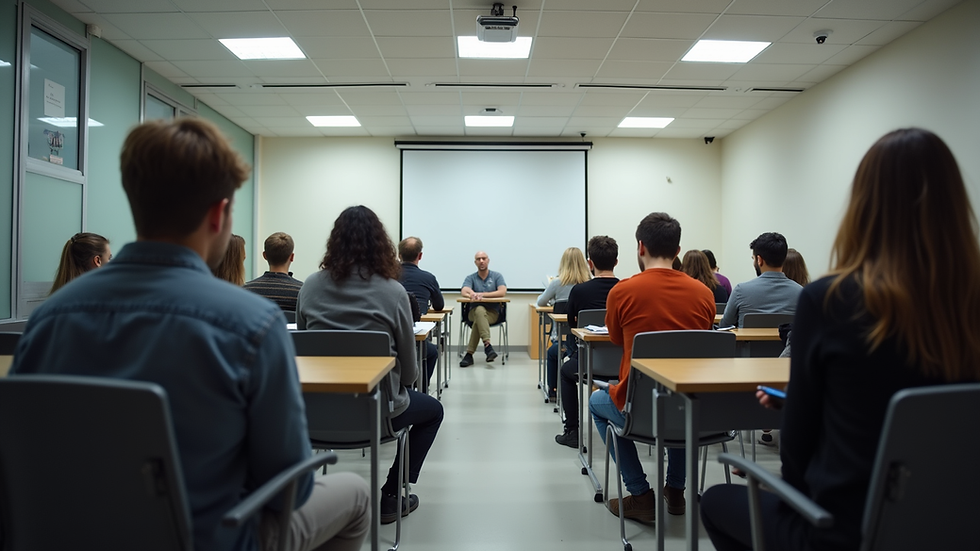 Eye-level view of a classroom with students engaged in psychotherapy training