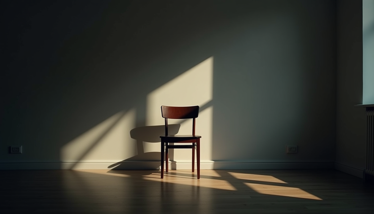 Eye-level view of a dimly lit room with a single chair facing a shadow on the wall