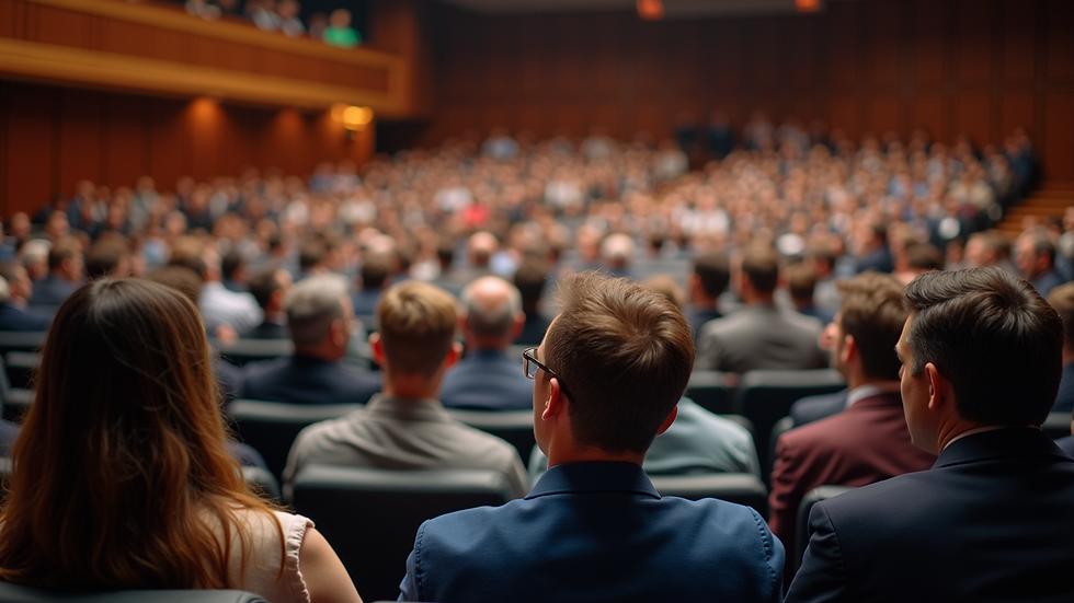 High angle view of a conference taking place in an auditorium
