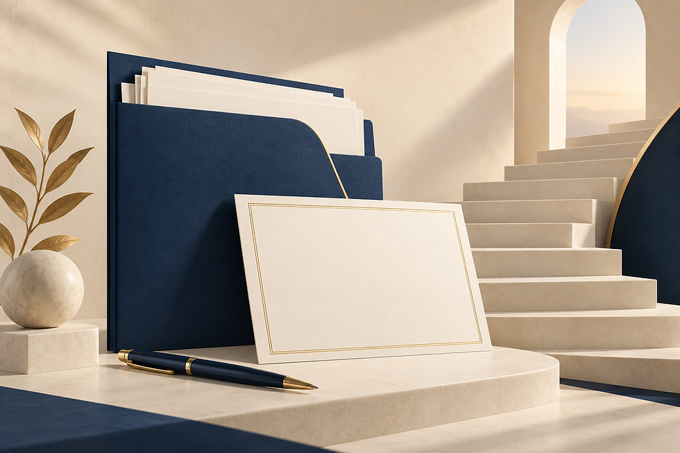 Illustration of a navy document folder, blank certificate and pen beside cream steps.