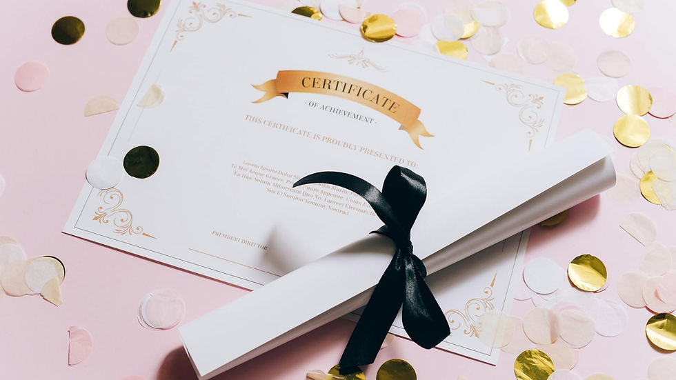 Elegant certificate of achievement on a pink surface with confetti. Perfect for celebrations and achievements.