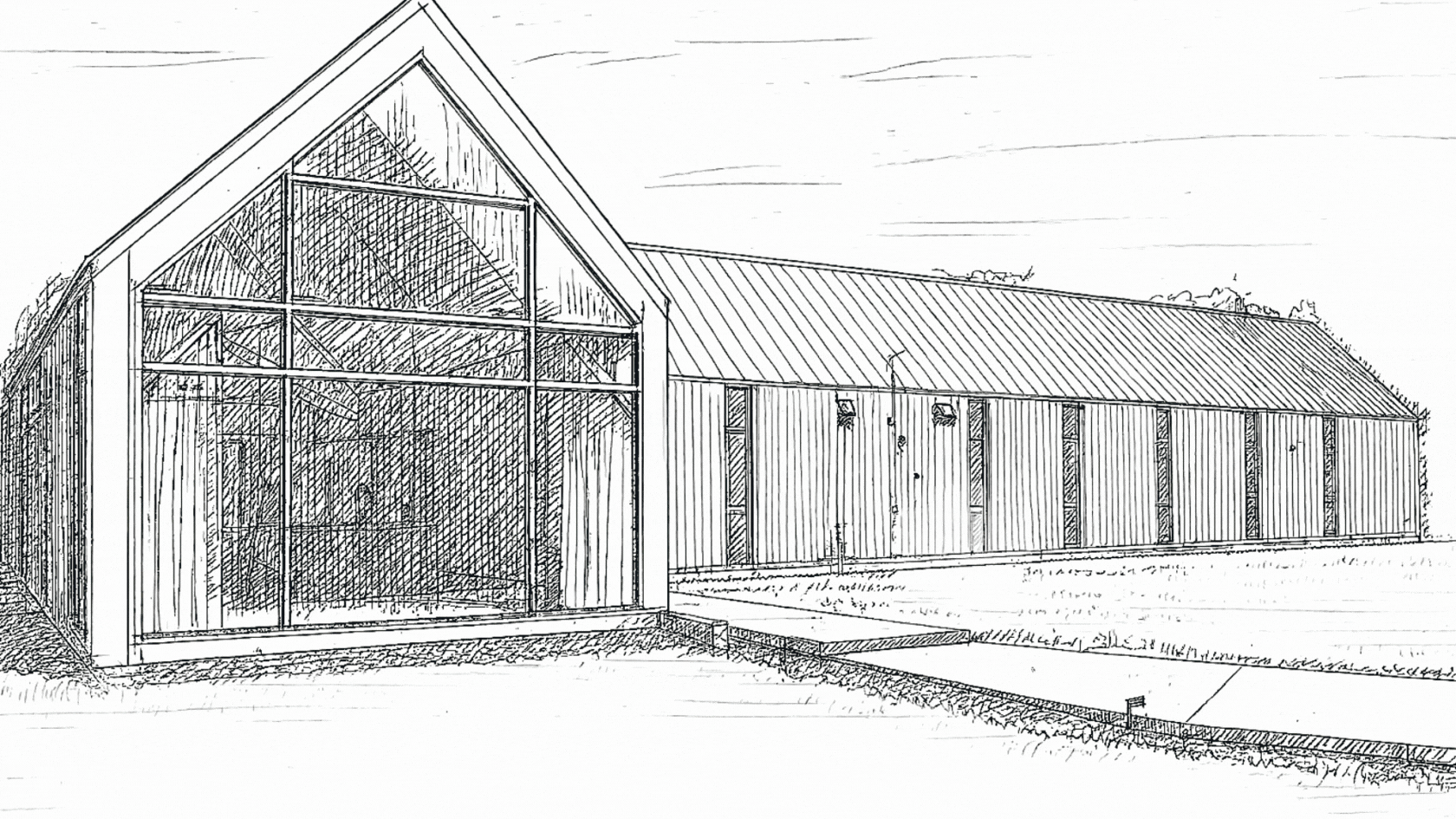 Development financing Toronto project sketch by Seventy Seven Park showing a modern barn-style building with glass façade and elongated structure.
